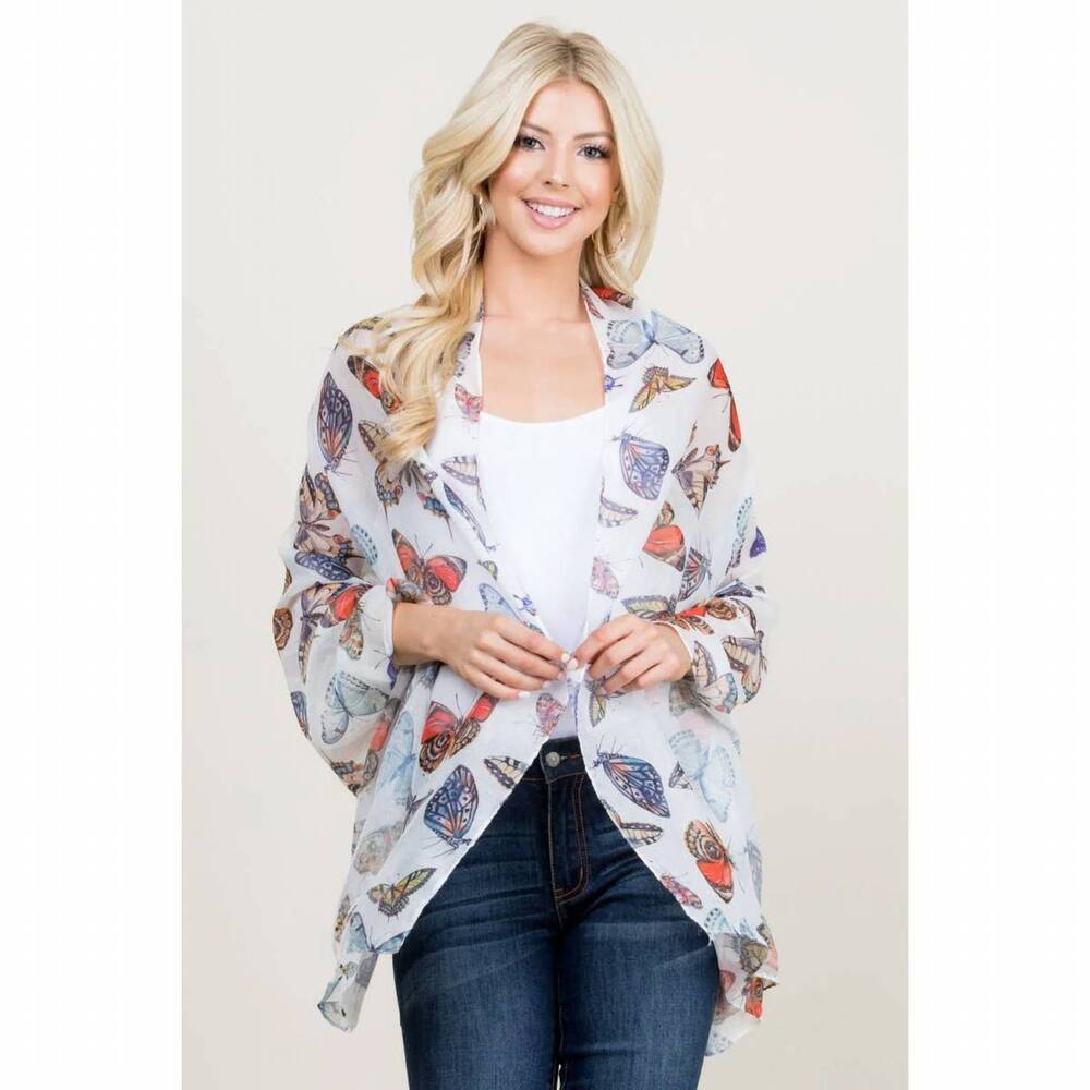 NEW LA SOUL women's colorful butterfly print on lightweight scarf in white